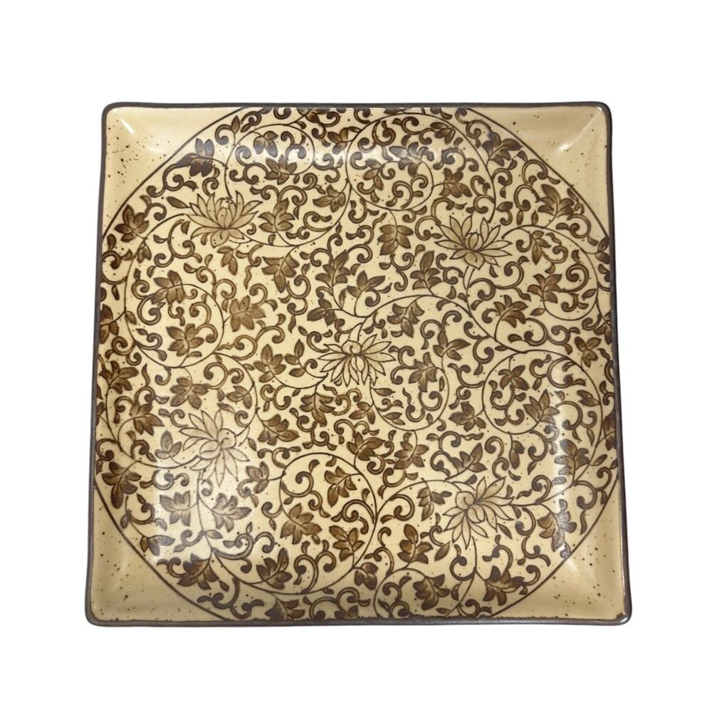 Vintage Square Plate By SOUSAKU (Japan) SOUND COLLECTION Tan With Brown FLORAL